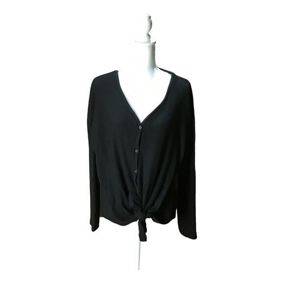 Gibson Women’s Small Black Thermal Waffle Knit V-Neck Button Tie Front Top - Picture 8 of 16